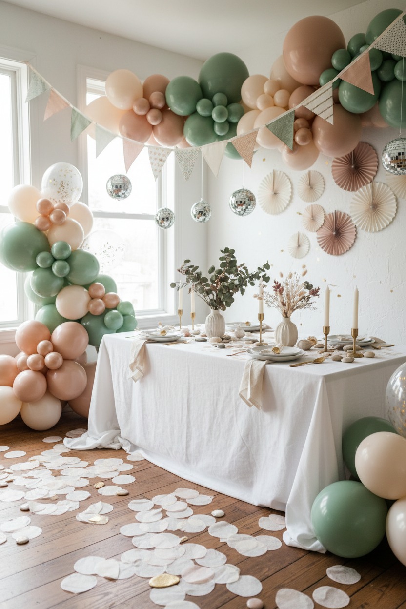Ein festlich gedeckter Tisch mit weißer Tischdecke steht in einem Raum, der mit Luftballons in Salbeigrün und Nude, Wimpelketten und Diskokugeln dekoriert ist.