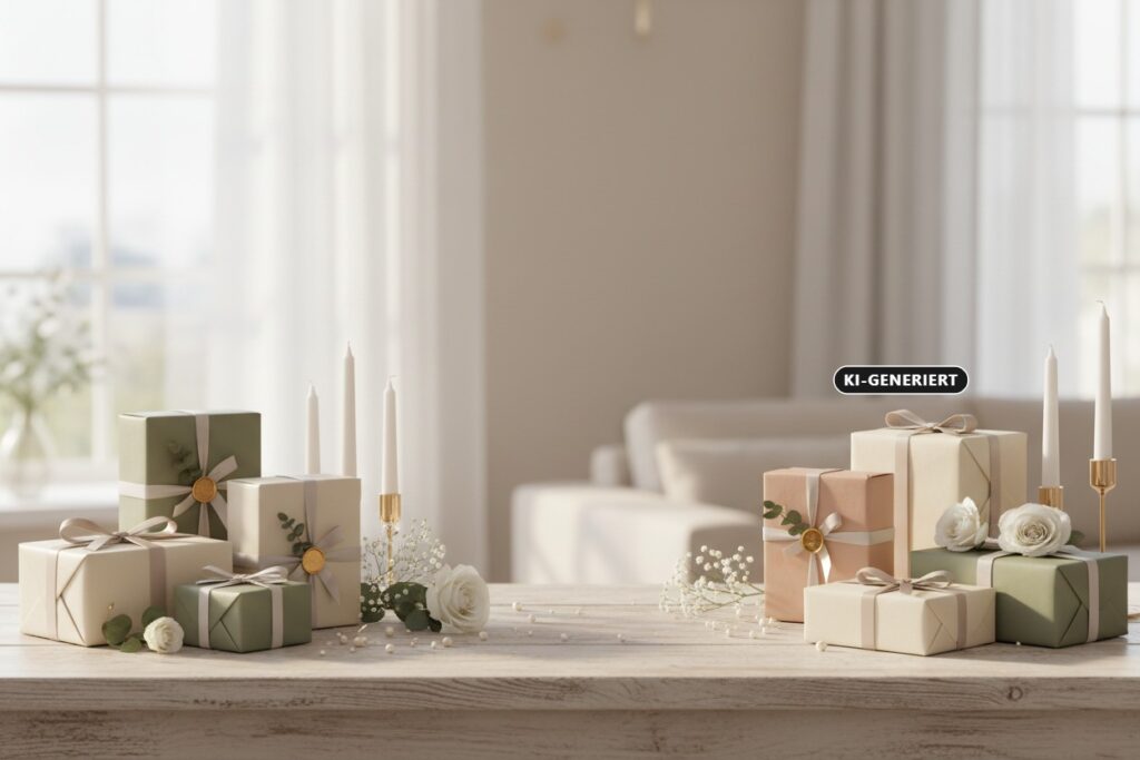 KI-generiert: Auf einem hellen Holztisch stehen edel verpackte Geschenke, Kerzen und weiße Rosen in einem eleganten, hellen Raum.