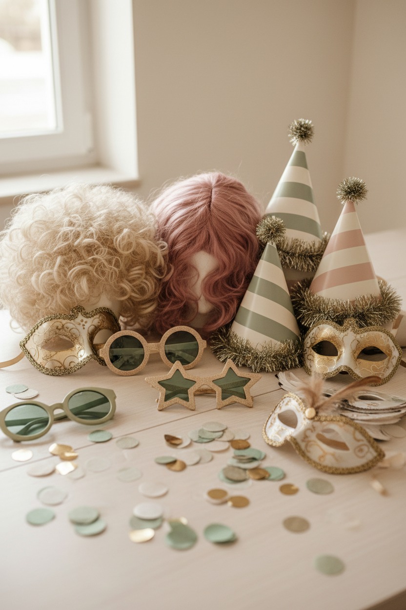 Auf einem Tisch liegen bunte Party-Accessoires wie Perücken, Hüte, Brillen und Masken sowie Konfetti.