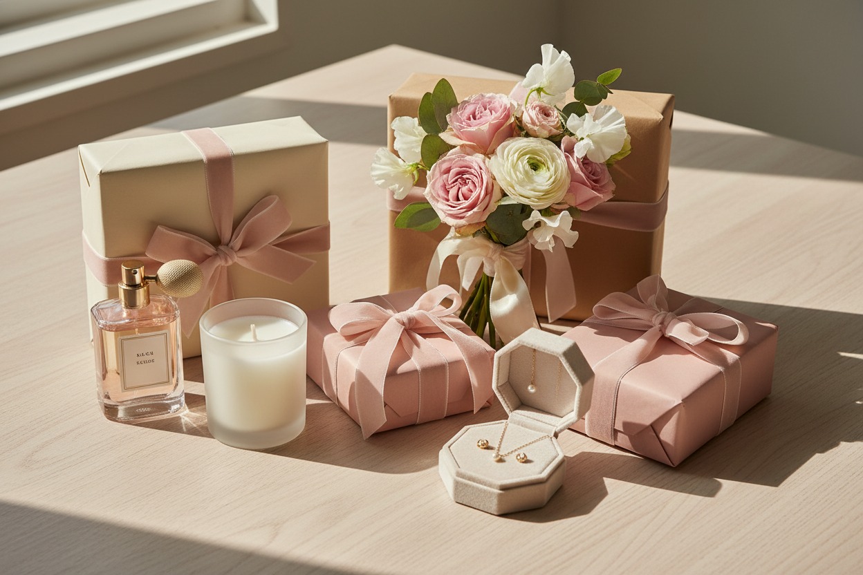 Auf einem hellen Holztisch stehen mehrere wunderschön verpackte Geschenke, eine Kerze, ein Parümlenzug und ein kleiner Blumenstrauß.